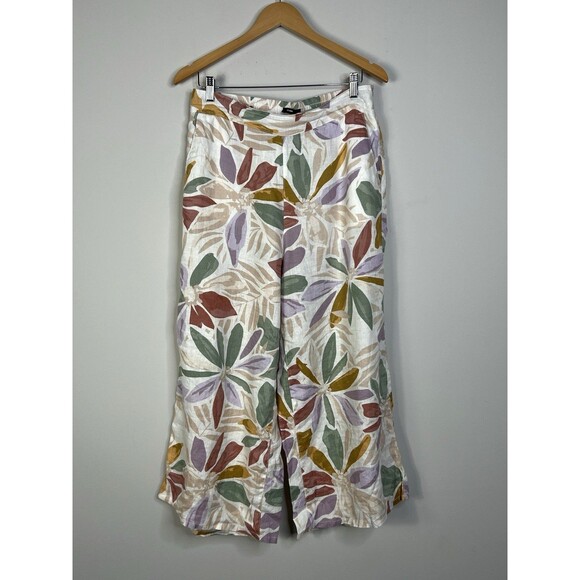 Women's Nicole Miller Linen Wide Leg Floral Crop Pants Size L Boho Langenlook - Picture 1 of 7